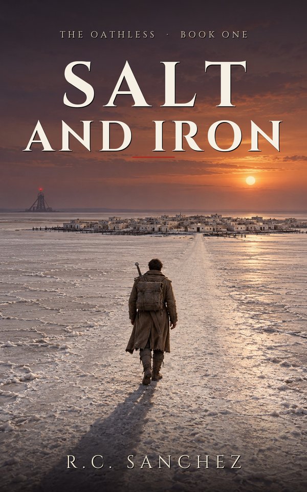 Salt and Iron cover: a lone traveler with a sword on his back walks a white salt road toward a town at sunset, a mine tower burning a red lamp on the horizon